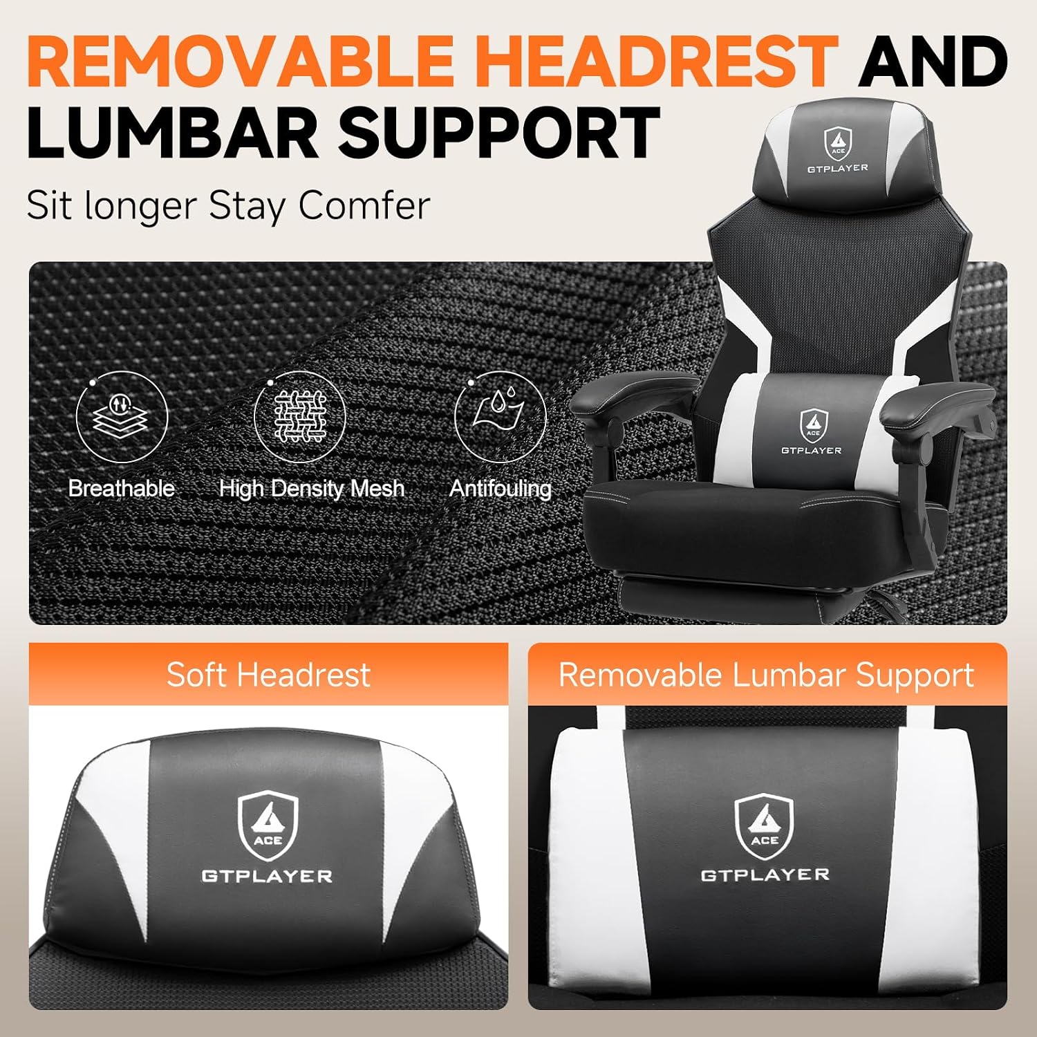 GTPLAYER Computer Chair with Adjustable Footrest, Ergonomic Gaming Chair with Headrest and Lumbar Support, Breathable Mesh Office Chair for Adults, High Back Reclining Desk Chair for Gaming and Office