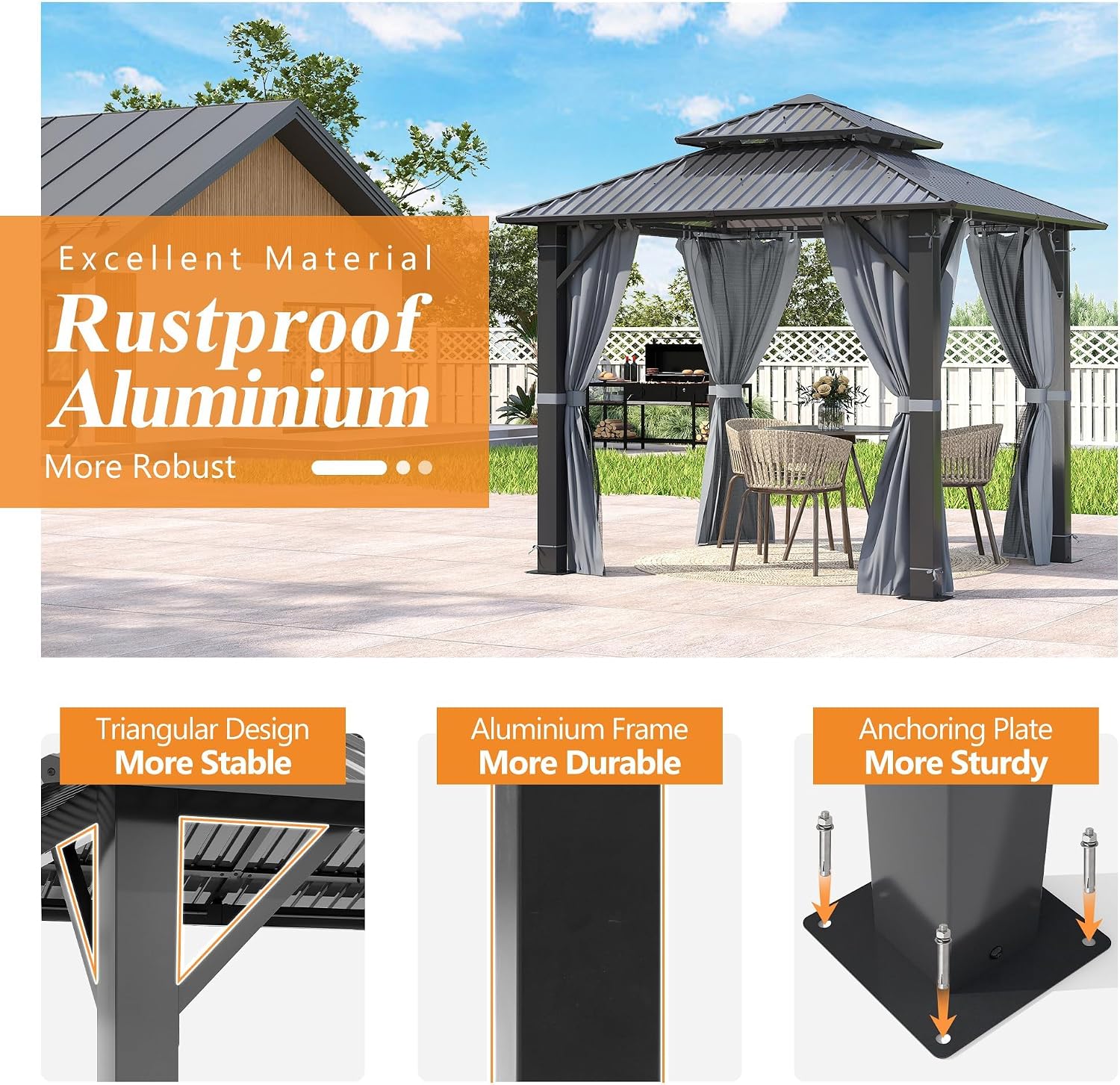 GARTOO 8.5x8.5FT Outdoor Hardtop Gazebo with Double Roof - Aluminum Heavy-Duty Steel Top Gazebo with Breathable Netting & Privacy Curtain for Patio, Porch, Garden, Lawn, Deck, Backyard