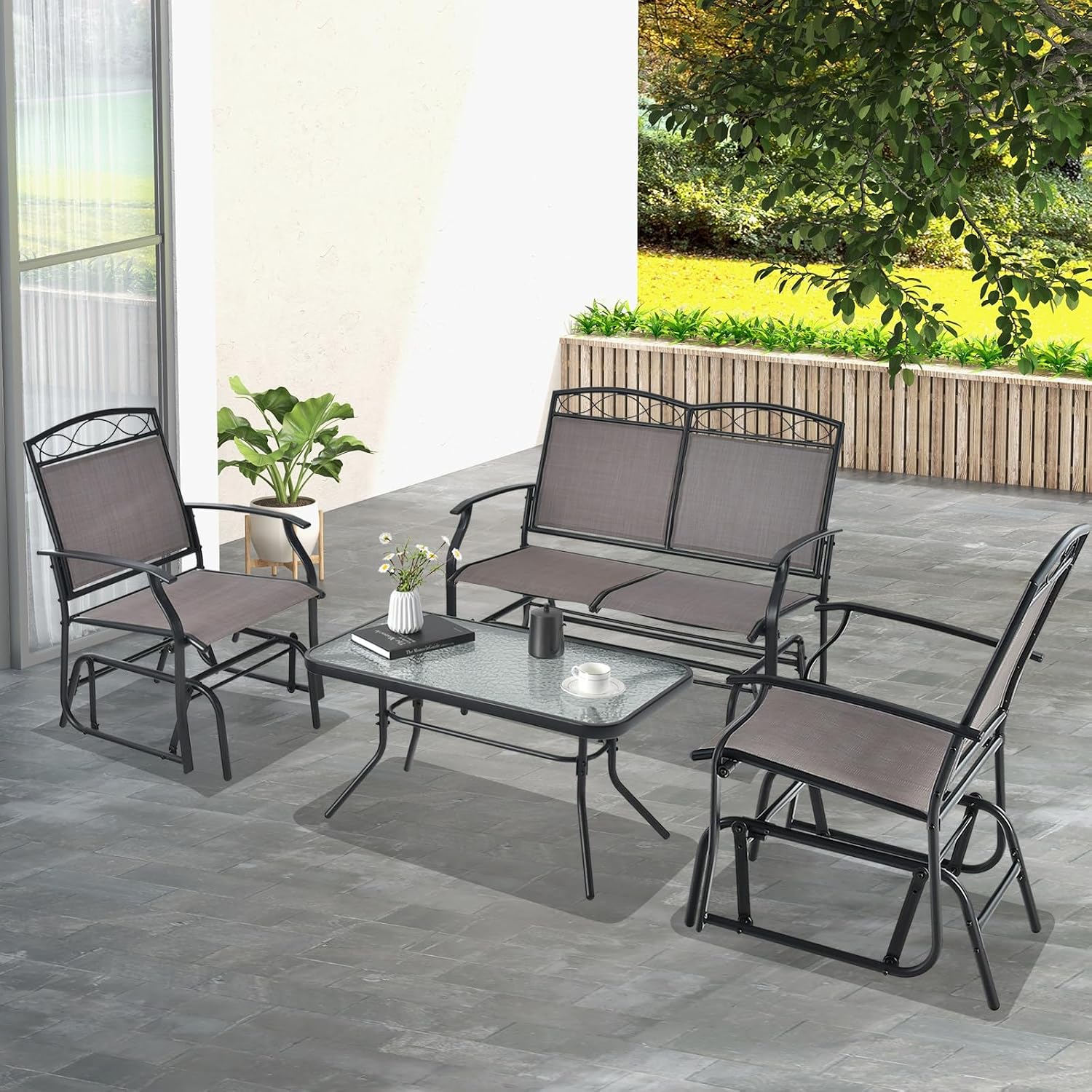 Giantex 4 PCS Outdoor Glider Chairs Set - Patio Furniture Set with Tempered Glass Table, Heavy-Duty Metal Frame, Gliding Rocking Chair, Conversation Set for Front Porch, Yard, Poolside (4 PCS, Brown)