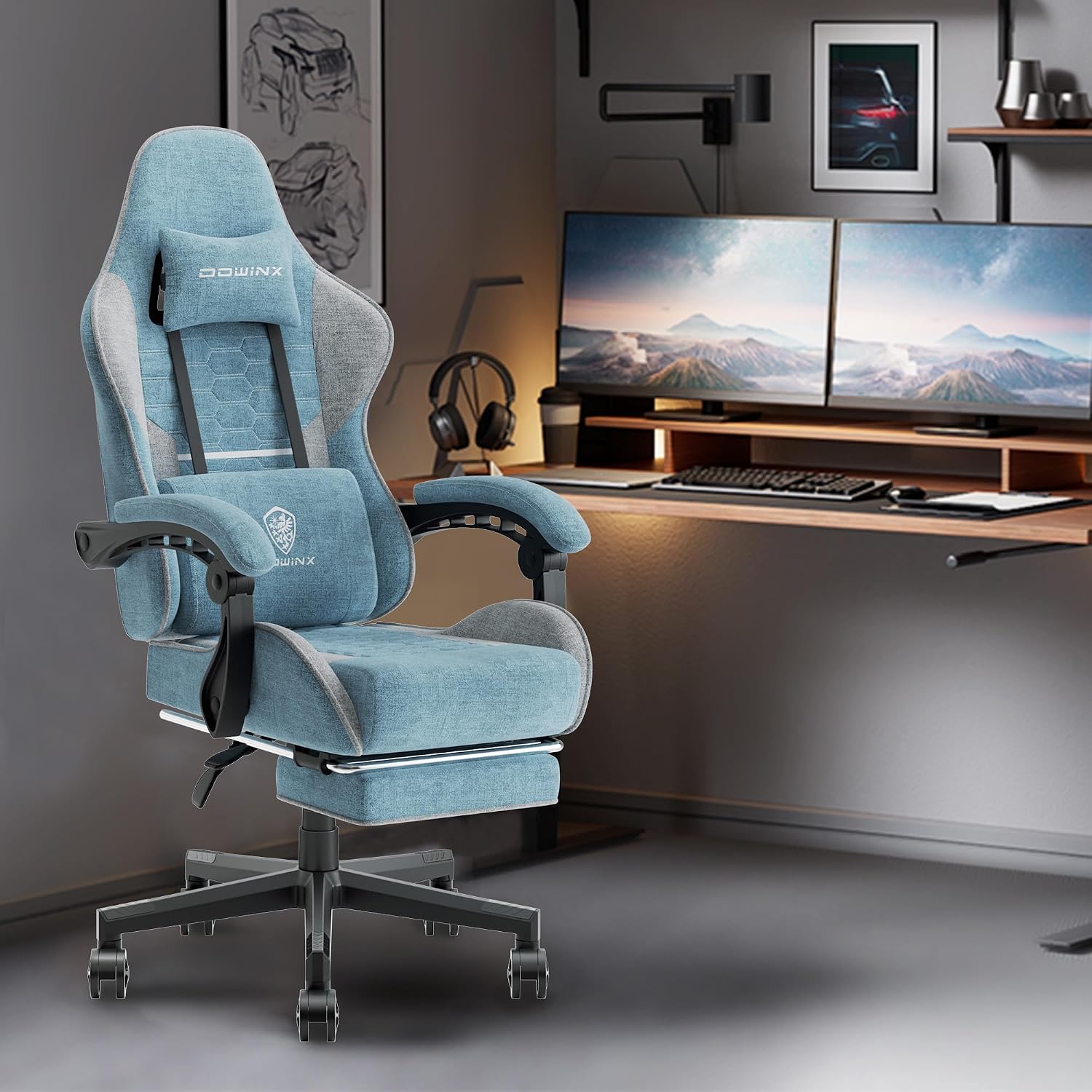 Dowinx Gaming Chair with Pocket Spring Cushion, Computer Office Game Chair, Linkage Armrests and Footrest, High Back Ergonomic Computer Chair with Lumbar Support Task Chair with Footrest(Blue)