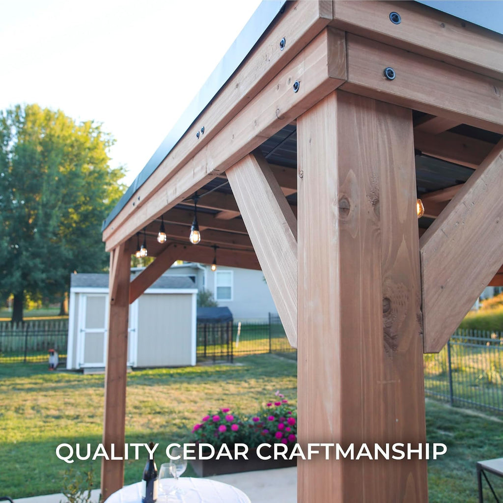 Backyard Discovery Arcadia 24' x 12' Cedar Wood Outdoor Gazebo Pavilion with Hardtop Galvanized Steel Slope Roof, Snow Support, Wind Resistance, PowerPort, Shade for Garden, Patio, Deck, Entertaining