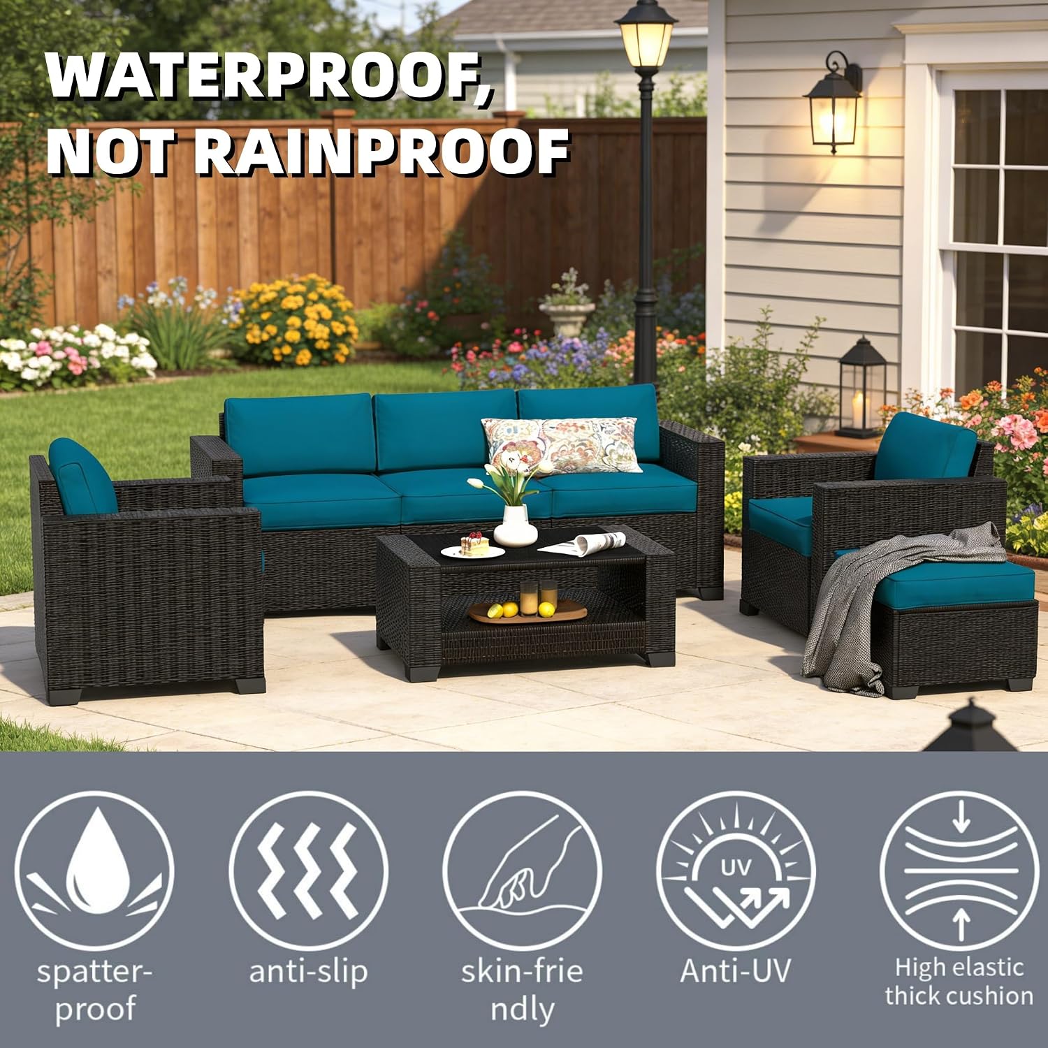 SHGJ&SOFT 7 Piece Patio Furniture Set, Wicker Outdoor Sectional Sofa with Washable Cushion Covers and Tempered Glass Table, Rattan Conversation Set for Poolside