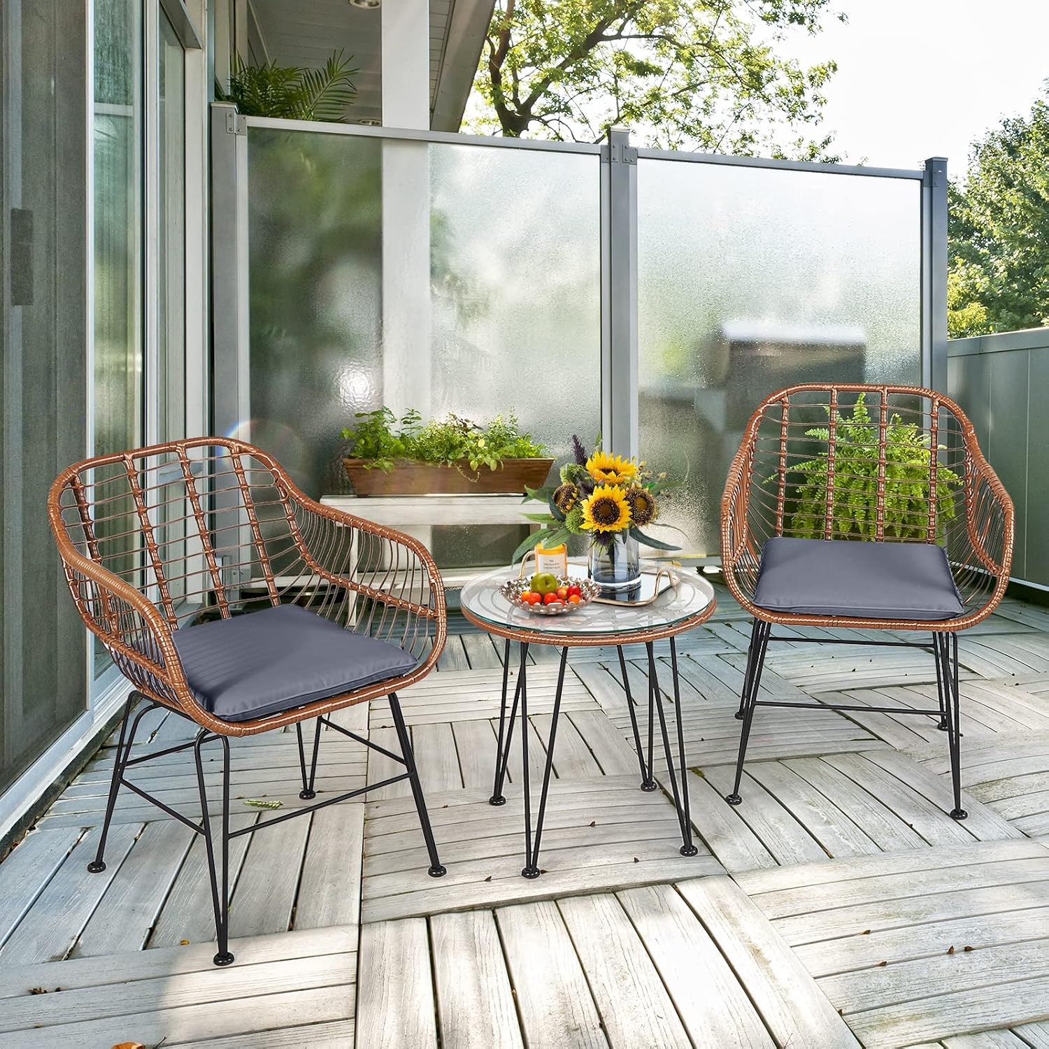Tangkula 3 Pieces Patio Conversation Bistro Set, Outdoor Wicker Furniture w/Round Tempered Glass Top Table & 2 Rattan Armchairs, Bistro Chat Set w/Seat Cushions for Porch, Backyard, Garden