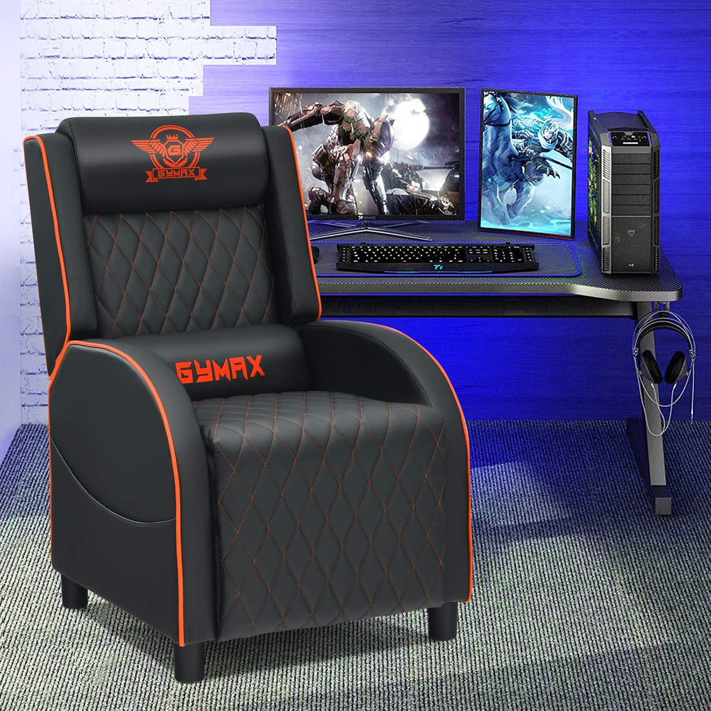GYMAX Massage Gaming Recliner Chair, Ergonomic Racing Style Single Sofa with Adjustable Headrest, Backrest & Footrest, Home Theater Sofa for Living Room Office (Orange)