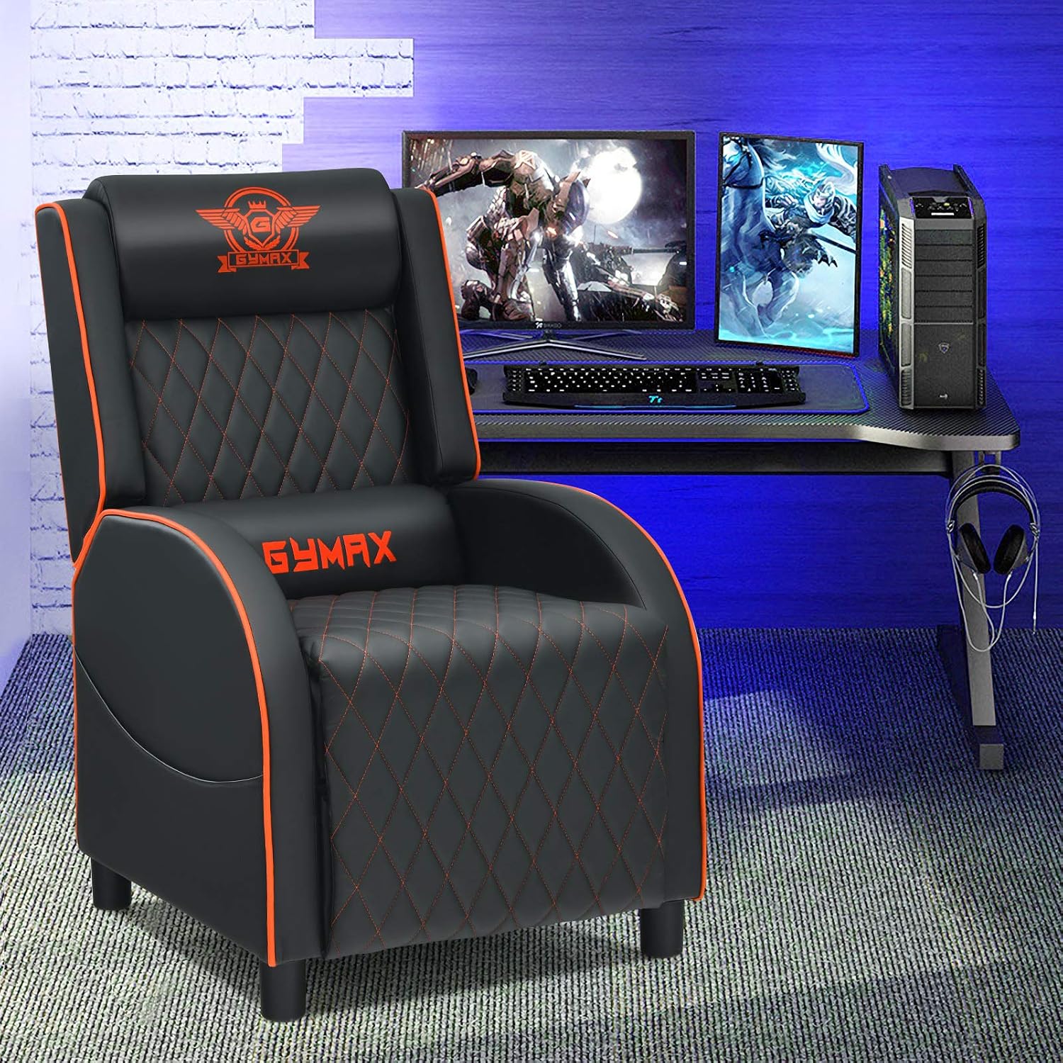 GYMAX Massage Gaming Recliner Chair, Ergonomic Racing Style Single Sofa with Adjustable Headrest, Backrest & Footrest, Home Theater Sofa for Living Room Office (Orange)