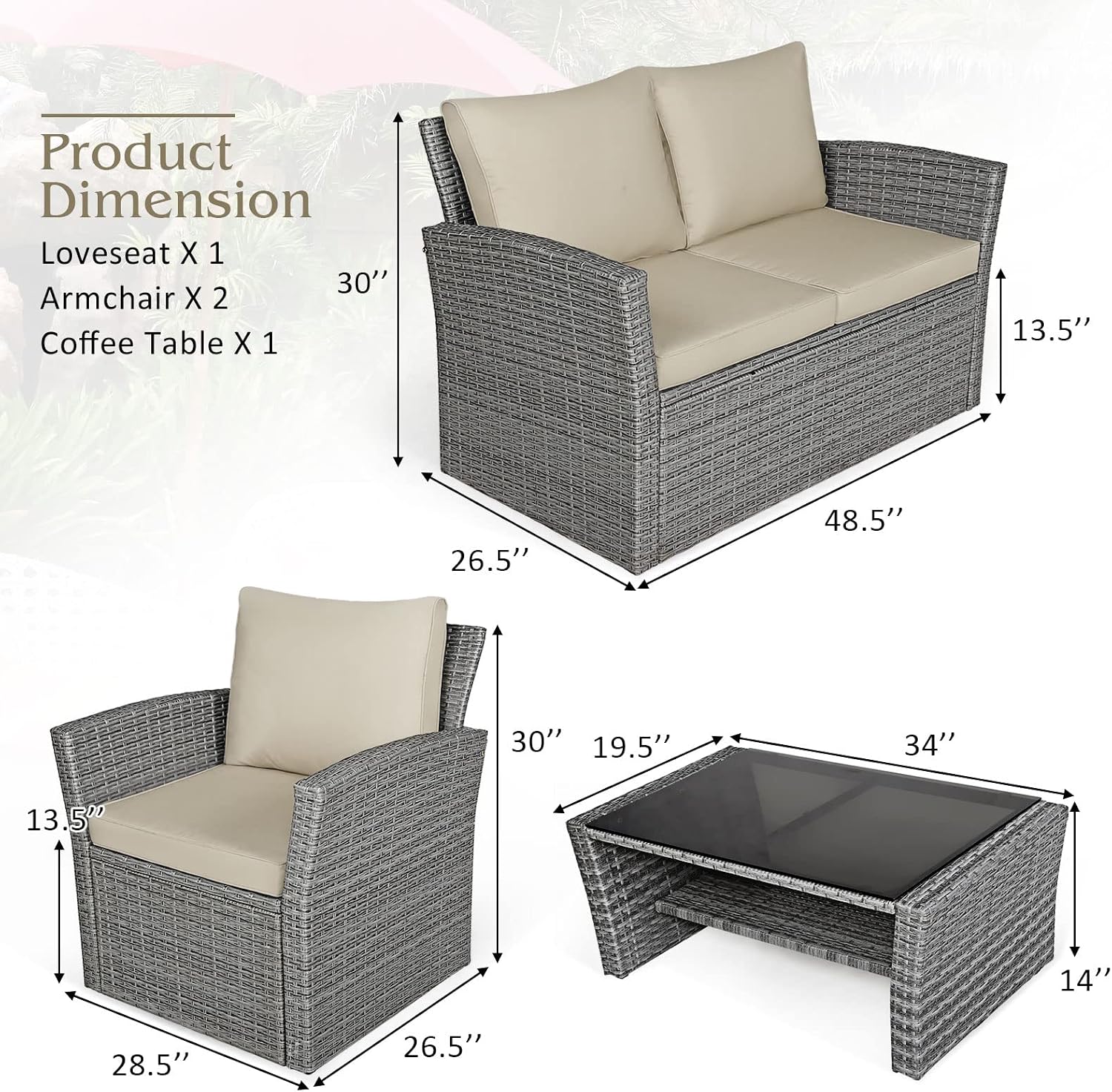Tangkula 4 Pieces Patio Furniture Set, All Weather Outdoor Sectional Rattan Sofa Set with Cushions & Tempered Glass Table, Wicker Conversation Couch Set for Backyard Garden Poolside