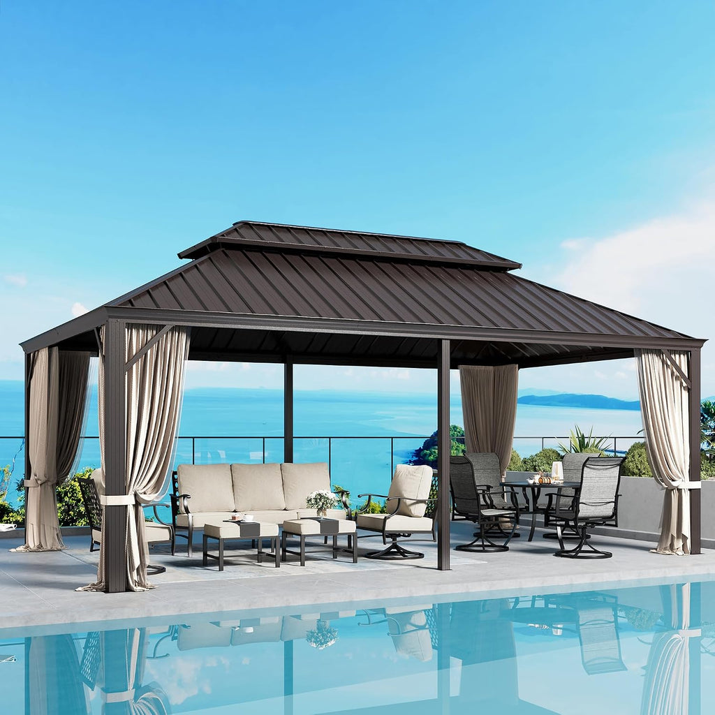 SUNSHINE VALLEY 12'x20' Hardtop Gazebo, Permanent Aluminum Outdoor Gazebo with Galvanized Steel Double Roof & Gutter System, Heavy Duty Patio Pavilion Canopy with Netting and Curtains for Deck, Garden