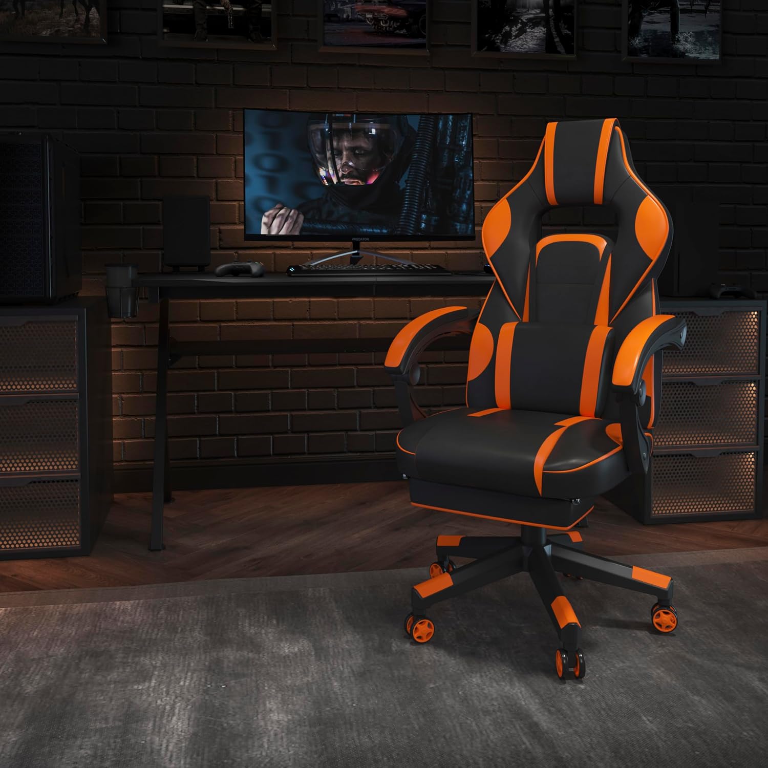 EMMA + OLIVER Black/Orange Ergonomic Gaming Chair -Recline Back/Arms, Footrest, Massaging Lumbar