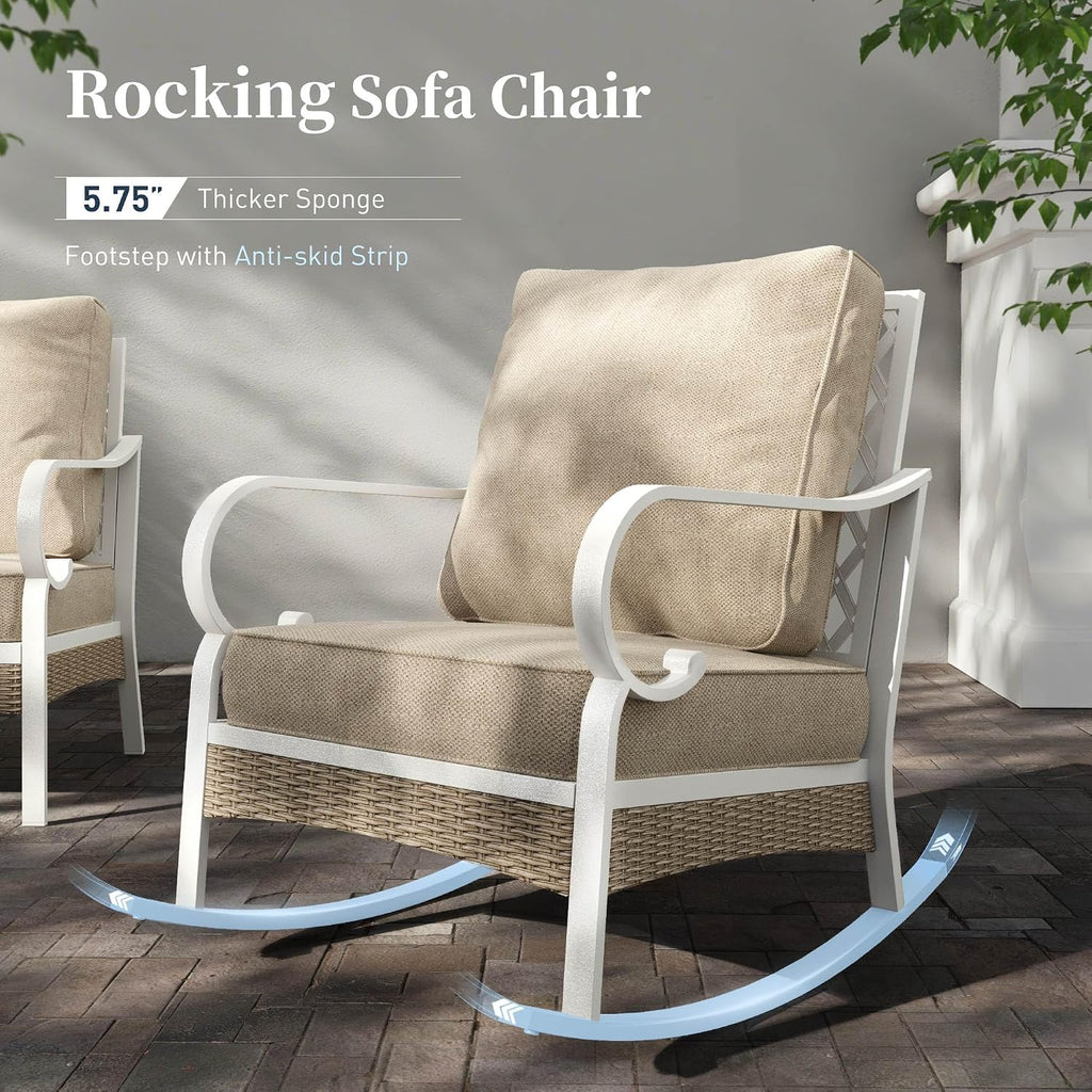 SUNSHINE VALLEY 6 PCS Metal Outdoor Patio Furniture Set, Patio Conversations Sets 3-Seater Sofa, 2-Seater Sofa, 2 Rocking Chair with 5.75' Thick Cushion & Coffee Table White Backyard Furniture, Beige