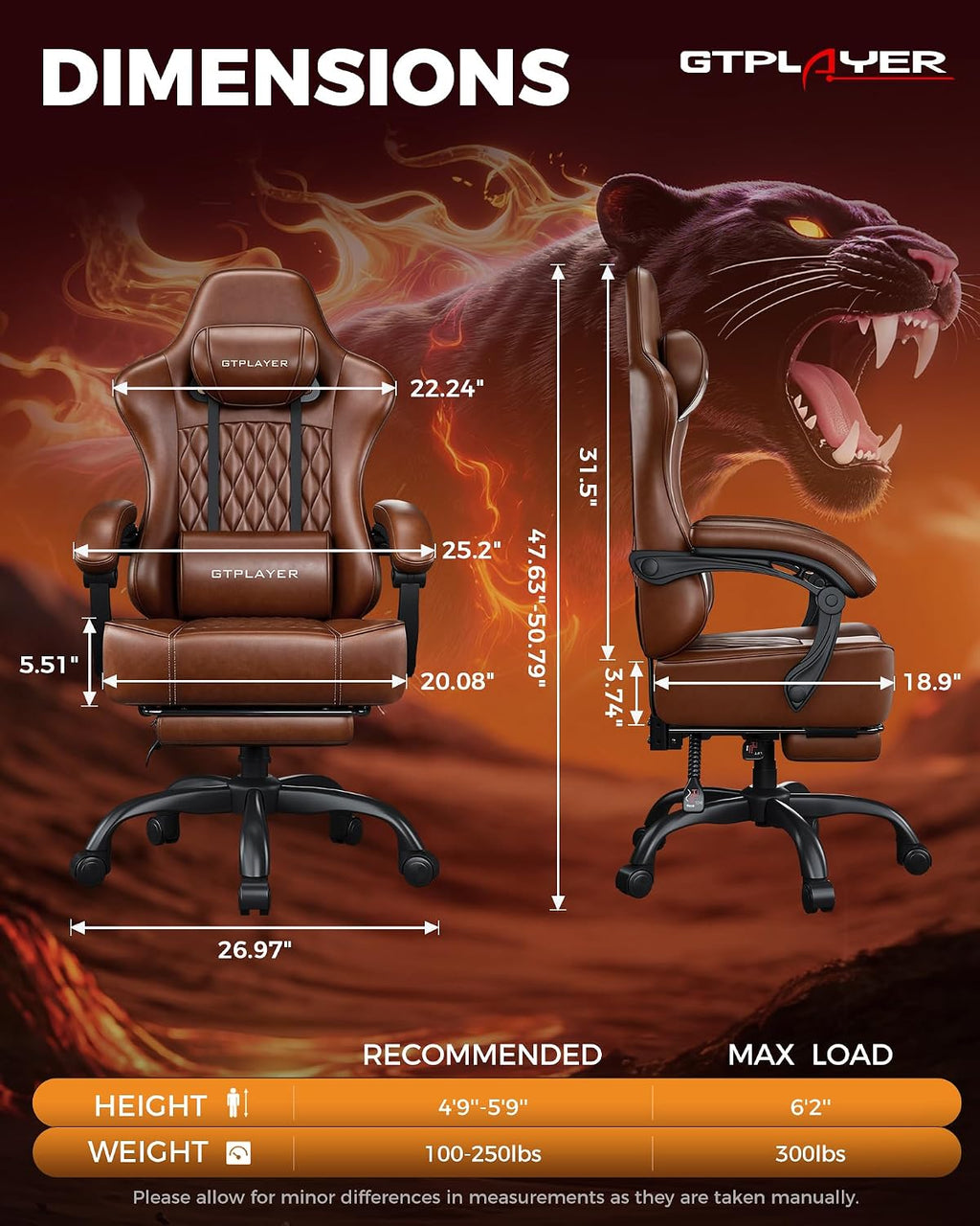 GTPLAYER Big and Tall Gaming Chair with Footrest, Ergonomic Office Desk Chair with 4.4in Thick Cushion and Wide Wingless Seat, Comfortable Leather Computer Chair, Predator Series, Chocolate Brown