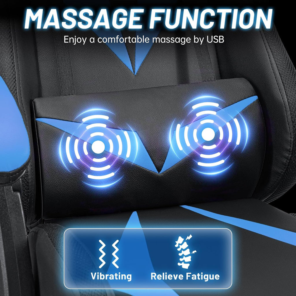 HOFFREE Gaming Chair with LED RGB Lights Massage Video Gamer Chairs with Footrest Ergonomic High Back Reclining Computer Chair with Adjustable Lumbar Support Blue and Black