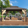 YOLENY 10'x12' Hardtop Gazebo with Double Galvanized Steel Roof, Gutters, Aluminum Frame, Curtains & Netting, Outdoor Metal Gazebos for Patio Garden Lawn Parties