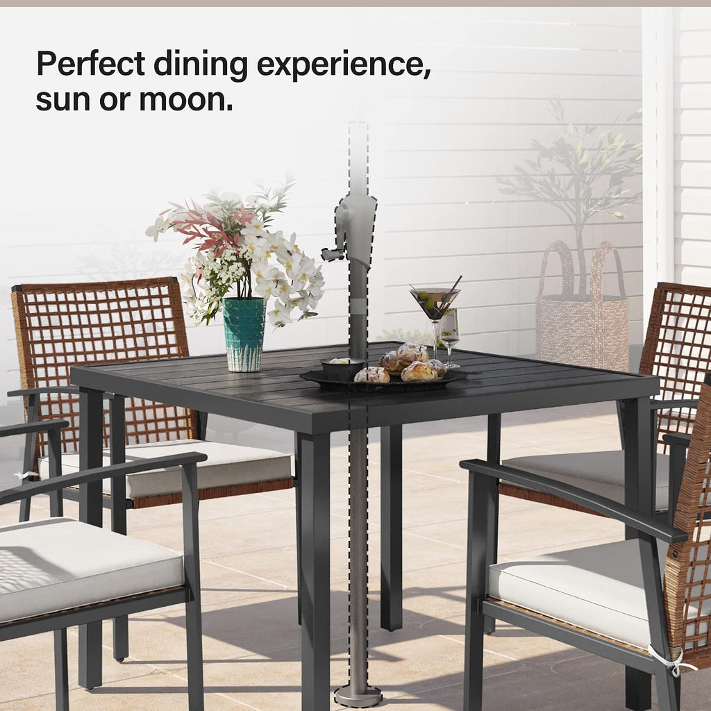 LAUSAINT HOME 5 Pieces Outdoor Patio Dining Set, Wicker Patio Furniture Set of 4 Chairs with Soft Cushion and Square Table with Umbrella Hole, Conversation Set for Backyard, Garden and Poolside