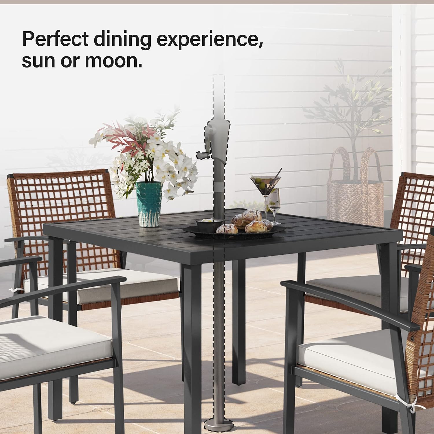 LAUSAINT HOME 5 Pieces Outdoor Patio Dining Set, Wicker Patio Furniture Set of 4 Chairs with Soft Cushion and Square Table with Umbrella Hole, Conversation Set for Backyard, Garden and Poolside