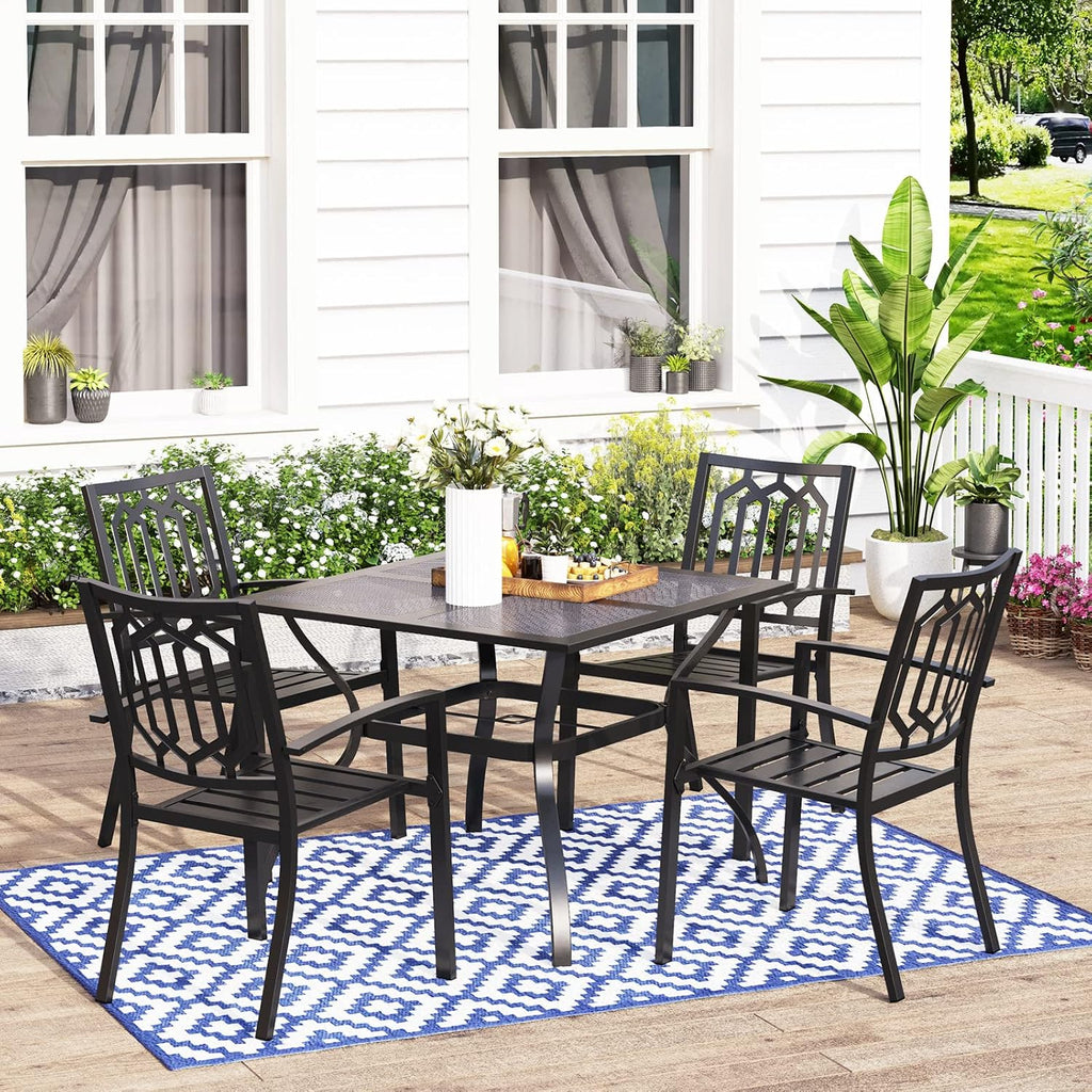 MFSTUDIO Patio Dining Set for 4, Outdoor Table and Chairs Set with Umbrella Hole, 5 Piece Metal Patio Furniture Set for Deck, Backyard, Poolside & Garden
