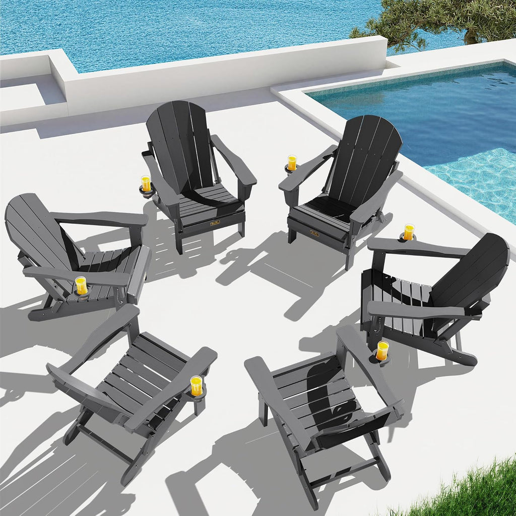 SERWALL Folding Adirondack Chair with Cup Holder Set of 6, Weather Resistant HIPS Lawn Chairs, Wooden Textured, Fire Pit Chairs for Backyard, Garden, Fire Pit- Gray