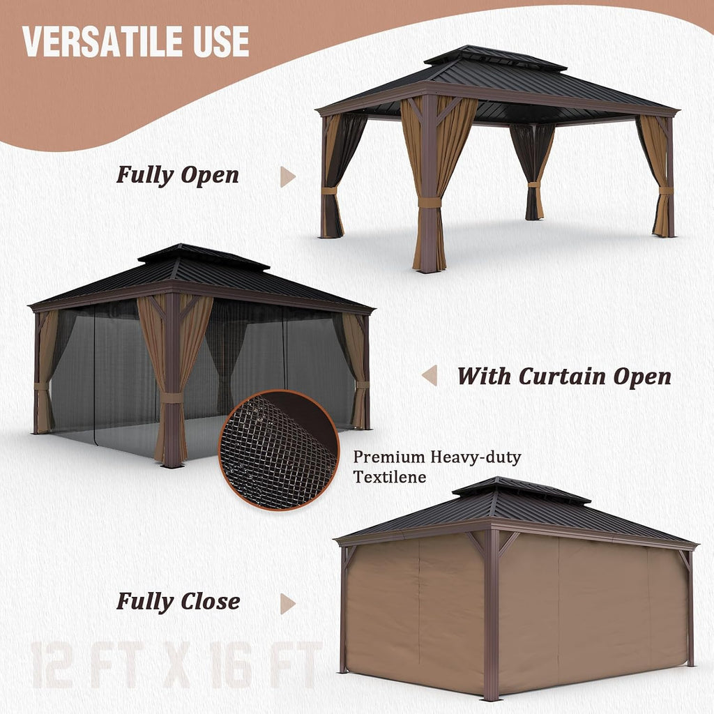 EAGLE PEAK 12x16 Hardtop Gazebo, Galvanized Steel Double Roof with Aluminum Frame, Outdoor Pavilion with Netting and Curtains for Patio, Deck, Lawn and Garden, Brown/Black