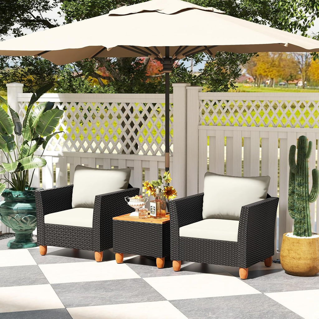 Tangkula 3 Pieces Patio Porch Furniture Set, PE Rattan Wicker Chair Conversation Set with Cushions and Storage Table, Outdoor Acacia Wood Bistro Set for Garden, Poolside (White)