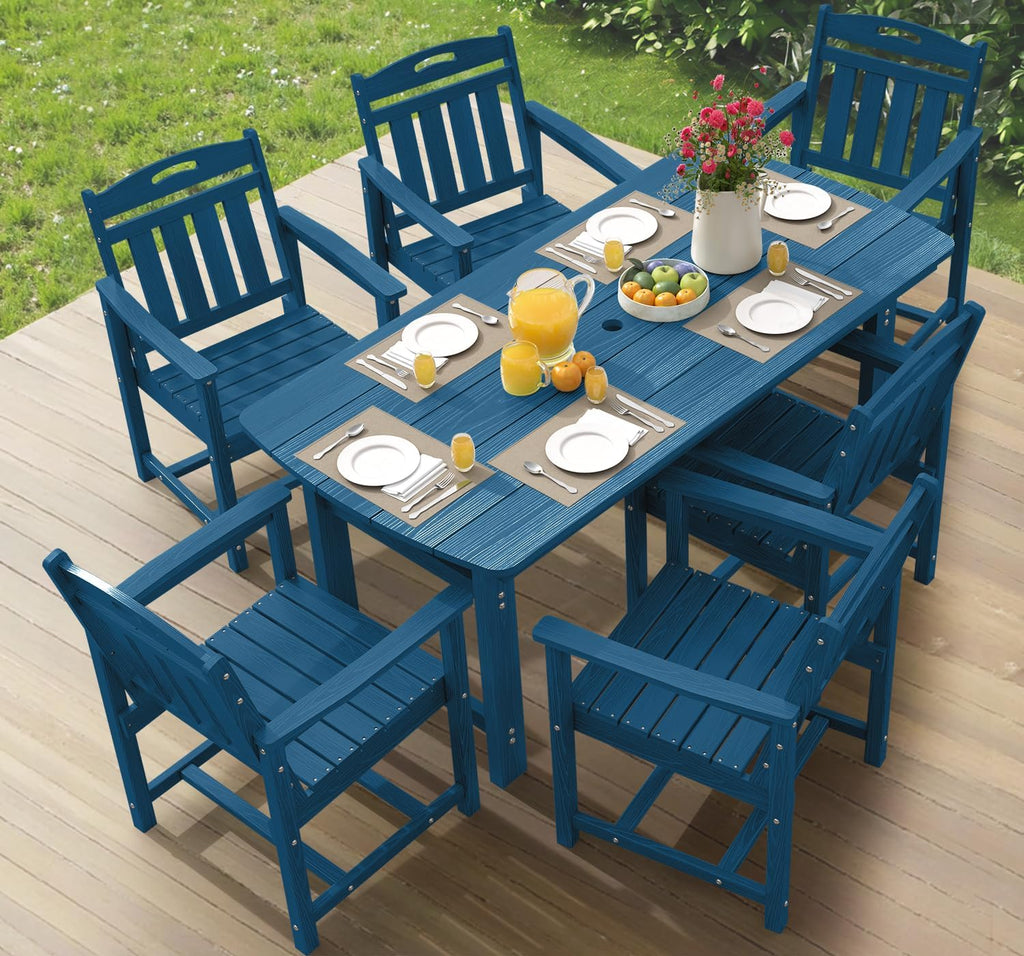 Ciokea HDPE Outdoor Dining Set, 7-Piece Patio Table and Chairs Set with Umbrella Hole, All-Weather Patio Dining Sets for 6, Durable Patio Furniture for Backyard, Garden, Lawn & Poolside, Navy Blue