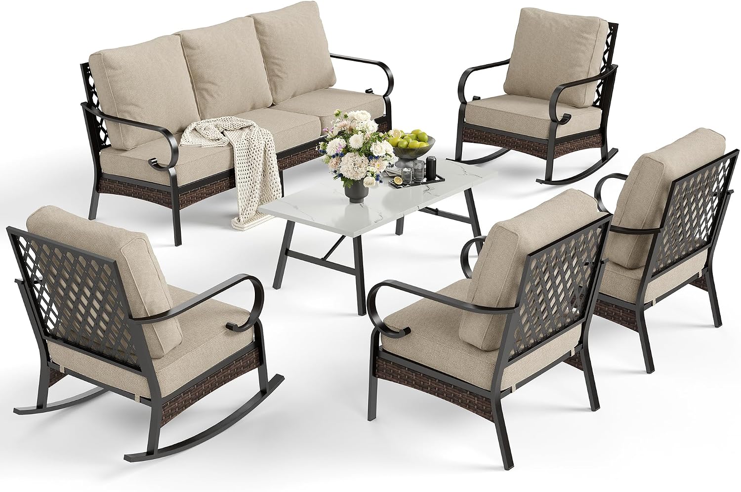 SUNSHINE VALLEY 6 Piece Metal Outdoor Patio Furniture Set, Patio Conversation Set 1 3-Seater Sofa, 2 Fixed Sofa, 2 Rocking Sofa with 5.75' Thick Cushion & Coffee Table Black Backyard Furniture, Beige