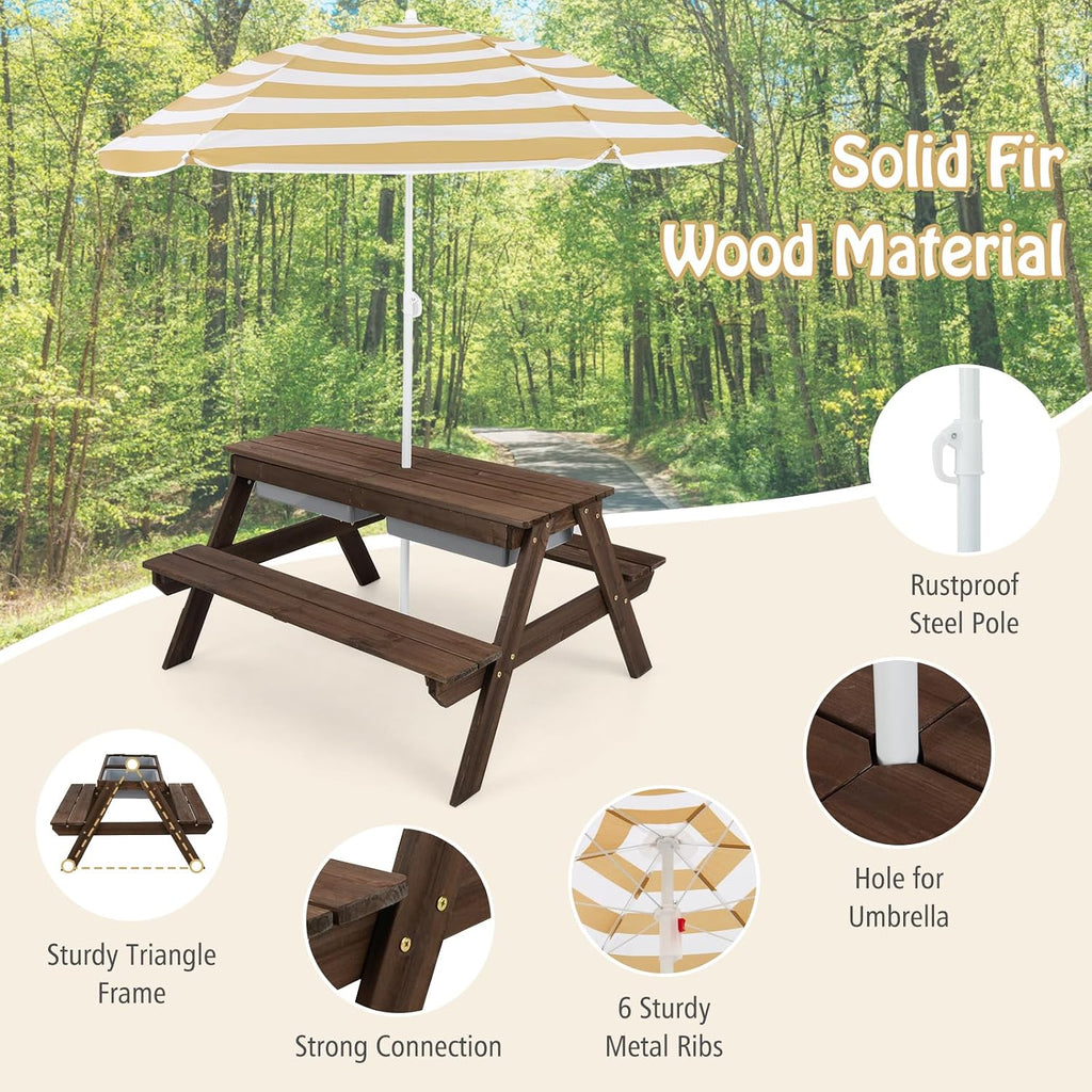 HONEY JOY Kids Picnic Table, 4 in 1 Cedar Wooden Sand & Water Table w/ 3 Removable Box & Umbrella, Kids Picnic Tables for Outdoors Backyard Garden, Toddler Patio Furniture Set for Boys Girls(Walnut)