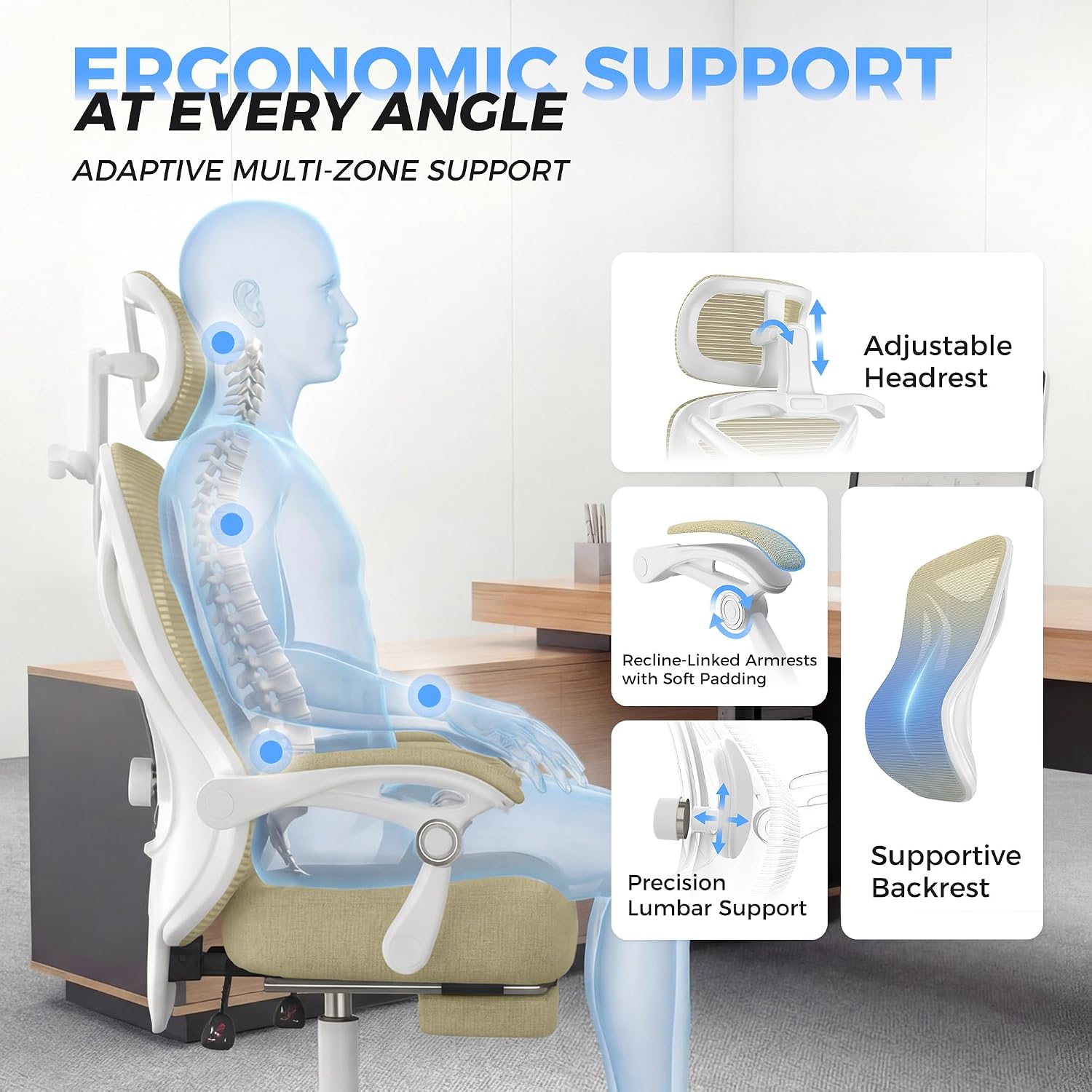 Ergonomic Office Chair with Footrest - Adjustable Lumbar Support & Headrest, 90-160° Reclining Mesh Back Computer Chair - Home Office/Gaming, 350lbs Capacity