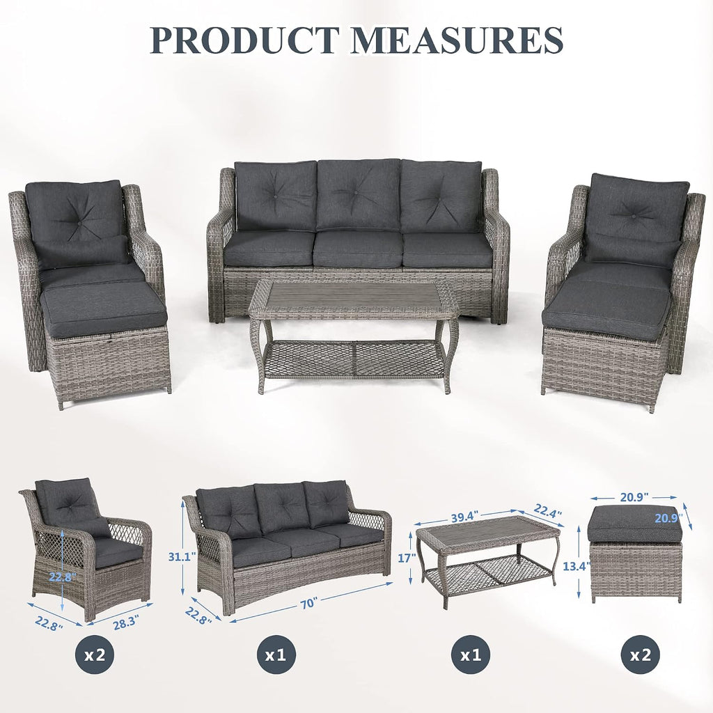 HOMREST 6 Pieces Patio Furniture Set, Wicker Outdoor Patio Conversation Sets, Sectional Rattan Sofa Chairs with Coffee Table, High Back, Ottoman, Cushions for Porch, Deck, Garden, Backyard (Grey)