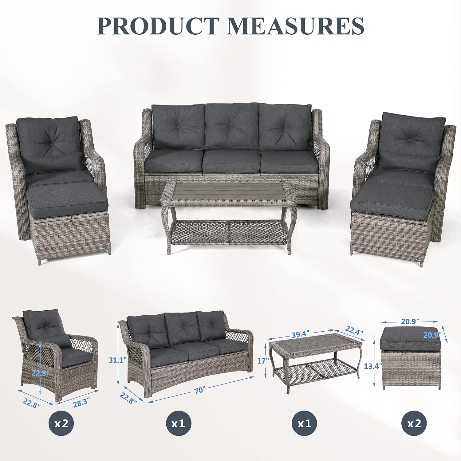 HOMREST 6 Pieces Patio Furniture Set, Wicker Outdoor Patio Conversation Sets, Sectional Rattan Sofa Chairs with Coffee Table, High Back, Ottoman, Cushions for Porch, Deck, Garden, Backyard (Grey)
