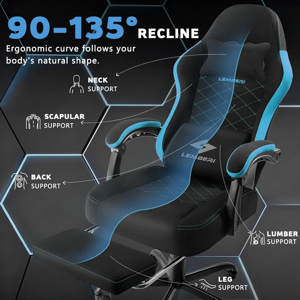 LEMBERI Gaming Chair, Fabric Big and Tall Video Game Chairs with Footrest, Massage Lumbar Support, Racing Style Ergonomic Computer Gamer Chair with Adjustable Headrest (Blue)