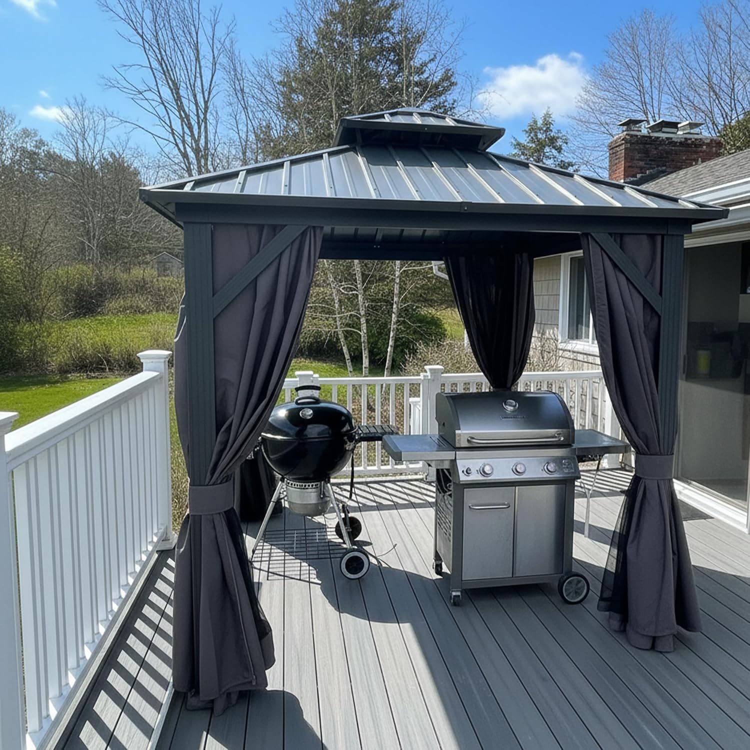 PURPLE LEAF 8' X 8' Outdoor Gazebo Aluminum Permanent Hardtop Gazebo with Galvanized Steel Double Roof for Patio Backyard Deck with Netting and Curtains Grey