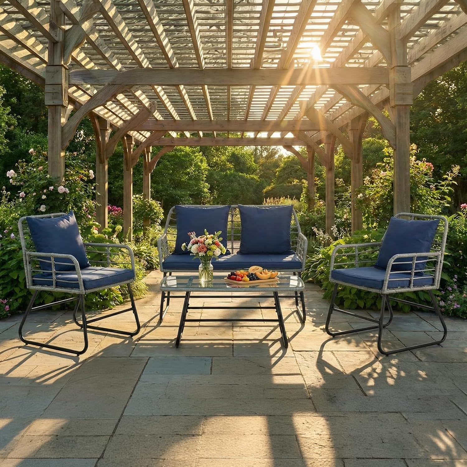 DUMOS Outdoor 4 Piece Patio Furniture Set, Wicker Patio Set with Thick Sandwich Structure Cushions, Deep Seating All-Weather Rattan Sofa and Functional Glass Table for Porch, Lawn, Grey