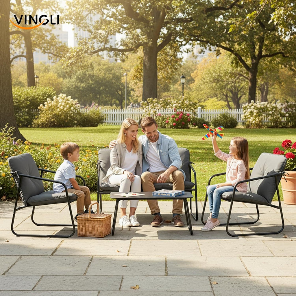 VINGLI 4 Piece Patio Conversation Set, Outdoor Furniture Set with Glass Coffee Table & Comfortable Cushion, All-Weather Cushioned Seating for Garden, Backyard, Porch, Grey