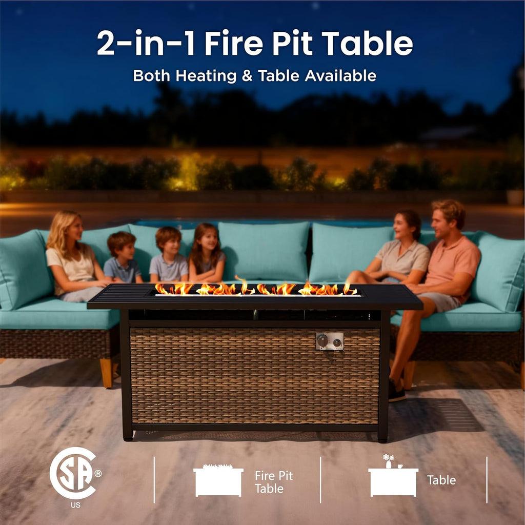 PHI VILLA Half Moon Patio Furniture Set with 56' Fire Pit Table, Outdoor Curved Wicker Sectional Sofa with Cushions and Ottomans, Aqua Blue