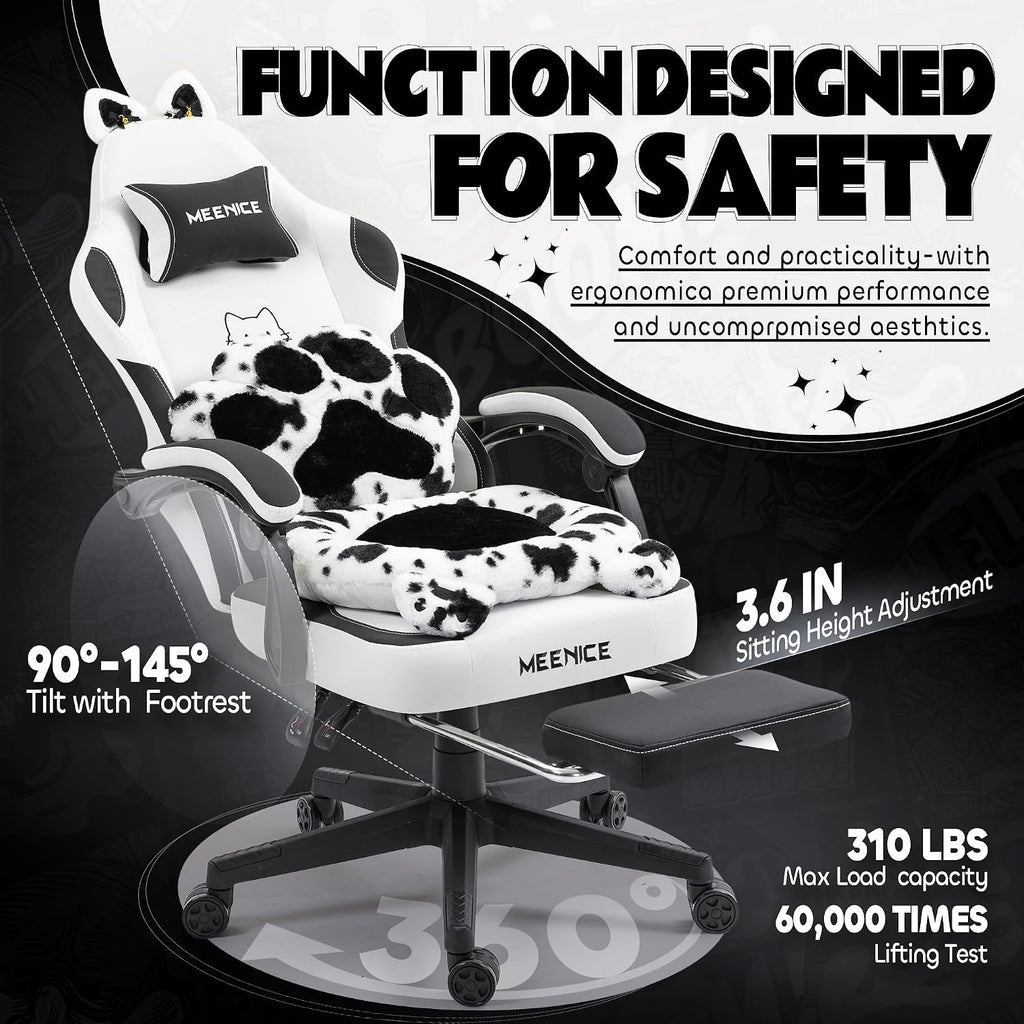 Gaming Chair Cute with Cat Ears Paw Lumbar and Cushion,Ergonomic Computer Chair with Footrest,Reclining PC Game Chair for Girl Computer Chair 300lbs for Adult Black White