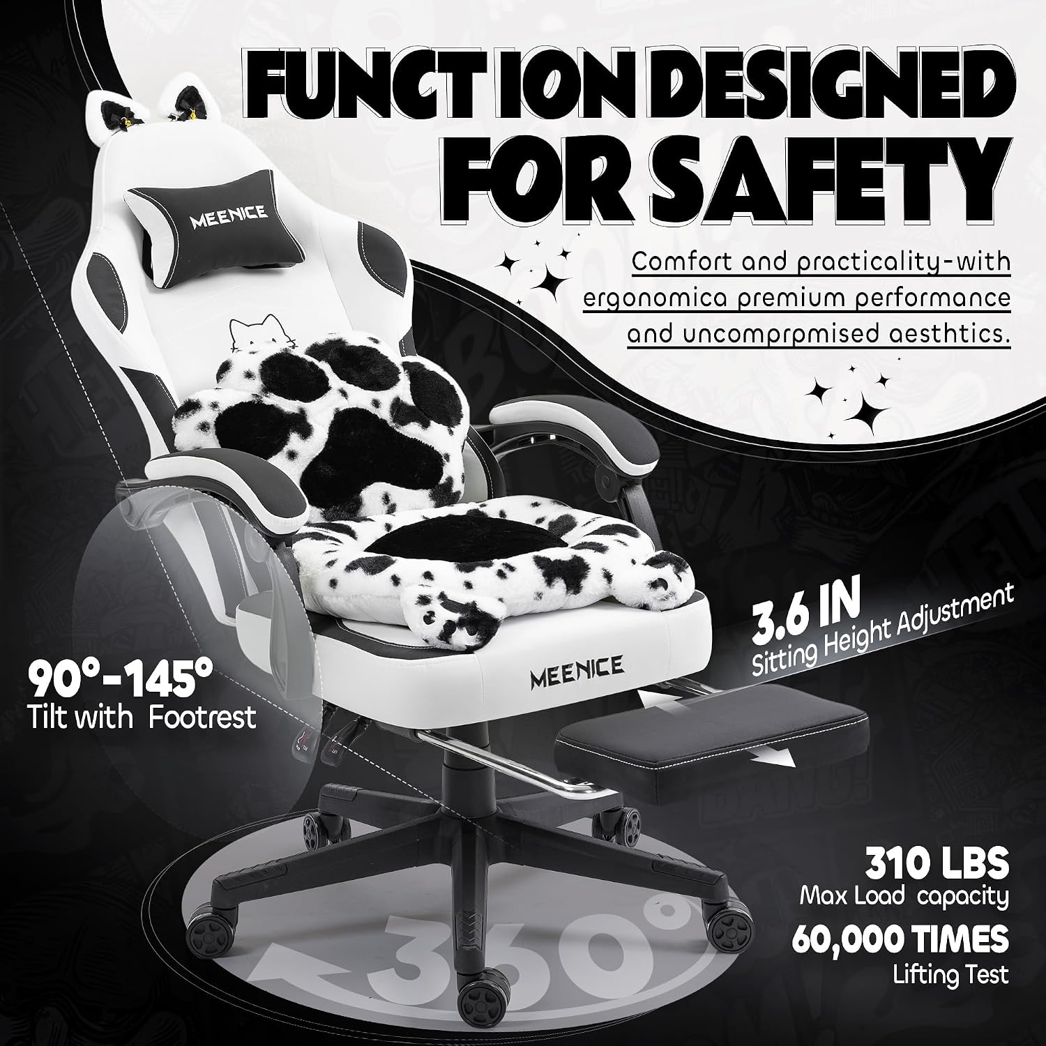 Gaming Chair Cute with Cat Ears Paw Lumbar and Cushion,Ergonomic Computer Chair with Footrest,Reclining PC Game Chair for Girl Computer Chair 300lbs for Adult Black White