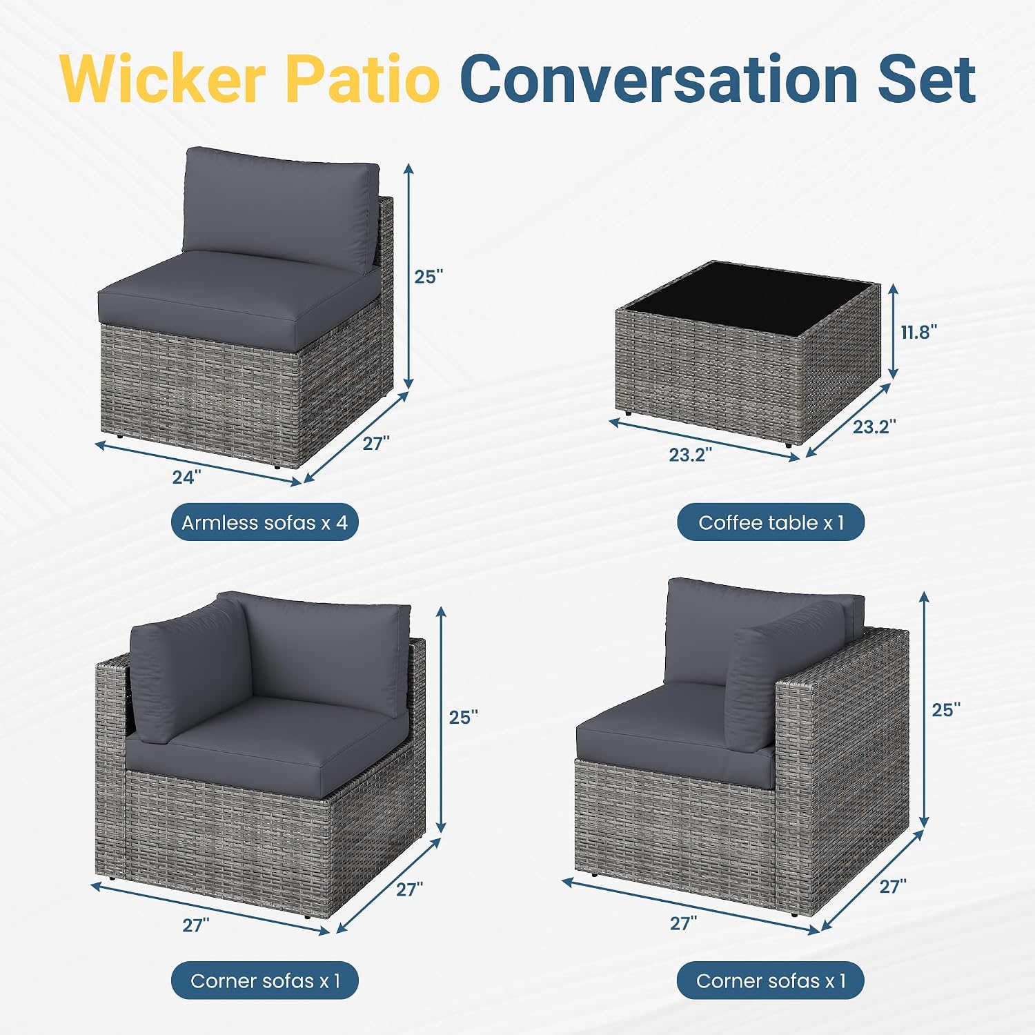 Wisteria Lane 7 Pieces Outdoor Patio Furniture Set, Wicker Outdoor Patio Sectional Sofas with Coffee Table, All-Weather Patio Conversation Set for Garden Backyard, Grey