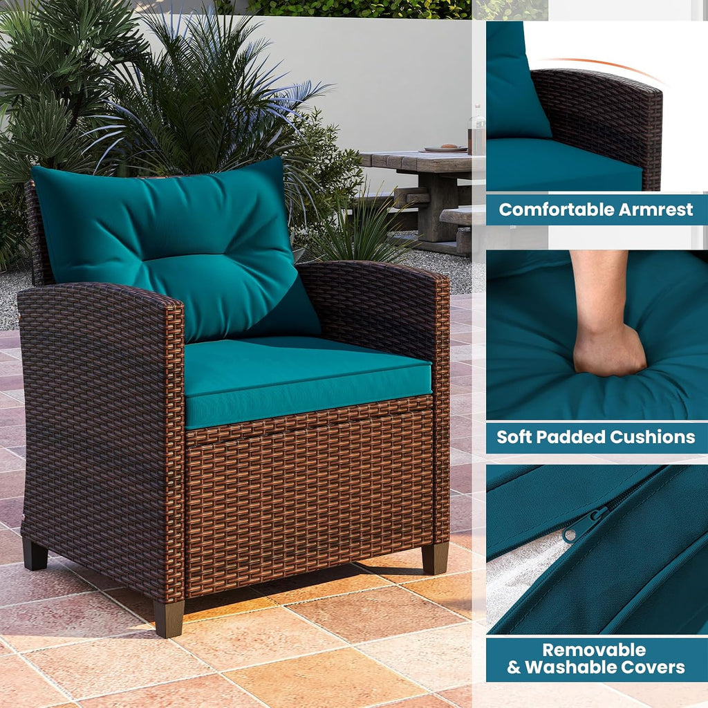 ORALNER 3 Pieces Patio Furniture Set, Outdoor Wicker Conversation Set Rattan Chairs with Cushions, Glass Coffee Table, Bistro Set for Front Porch Balcony Garden Deck Poolside (Peacock Blue)