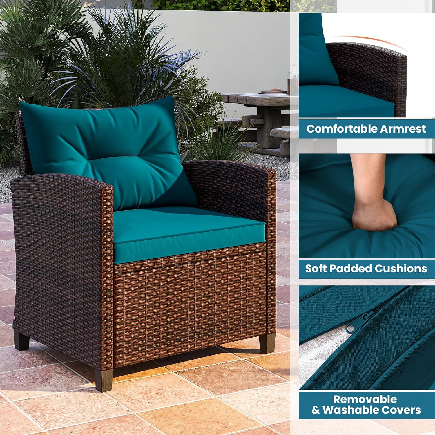 ORALNER 3 Pieces Patio Furniture Set, Outdoor Wicker Conversation Set Rattan Chairs with Cushions, Glass Coffee Table, Bistro Set for Front Porch Balcony Garden Deck Poolside (Peacock Blue)