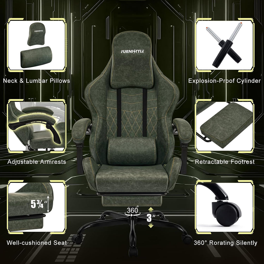 Gaming Chair Video Game Chairs with Large Headrest Pillow, Linkage Armrests, Retro PU Leather Ergonomic Computer Chair for Gaming or Office, Green