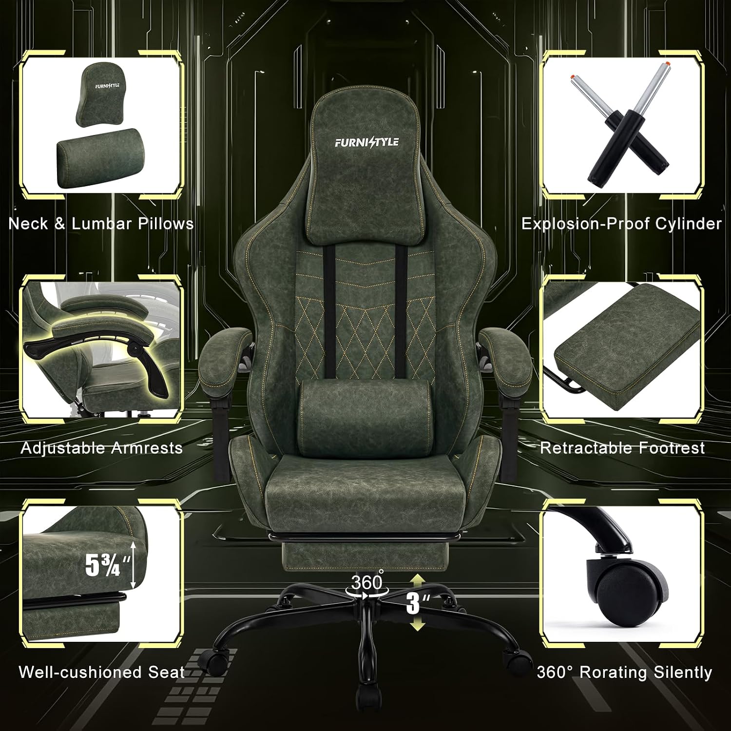 Gaming Chair Video Game Chairs with Large Headrest Pillow, Linkage Armrests, Retro PU Leather Ergonomic Computer Chair for Gaming or Office, Green