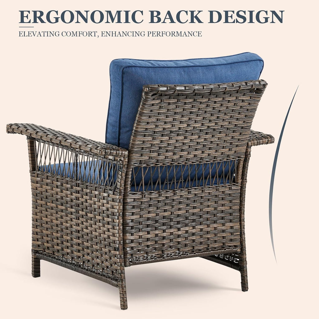 Patio Furniture Set 2 Wicker Patio Chairs with 2 PE Rattan Ottomans Brown Wicker Blue Cushions Patio Conversation Set 4pcs for Garden Balcony Sunroom Backyard Poolside