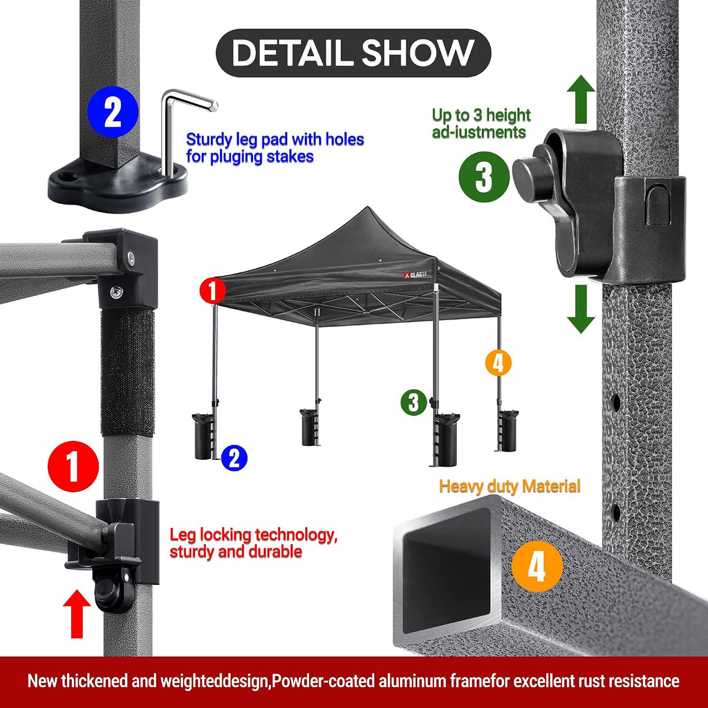 Heavy Duty Pop Up Canopy Tent-8 Drainage Holes,Waterproof & UPF 50+,4 Sandbags,8 Stakes for Commercial,Outdoor Events Instant Set Up,(Black 10x10)