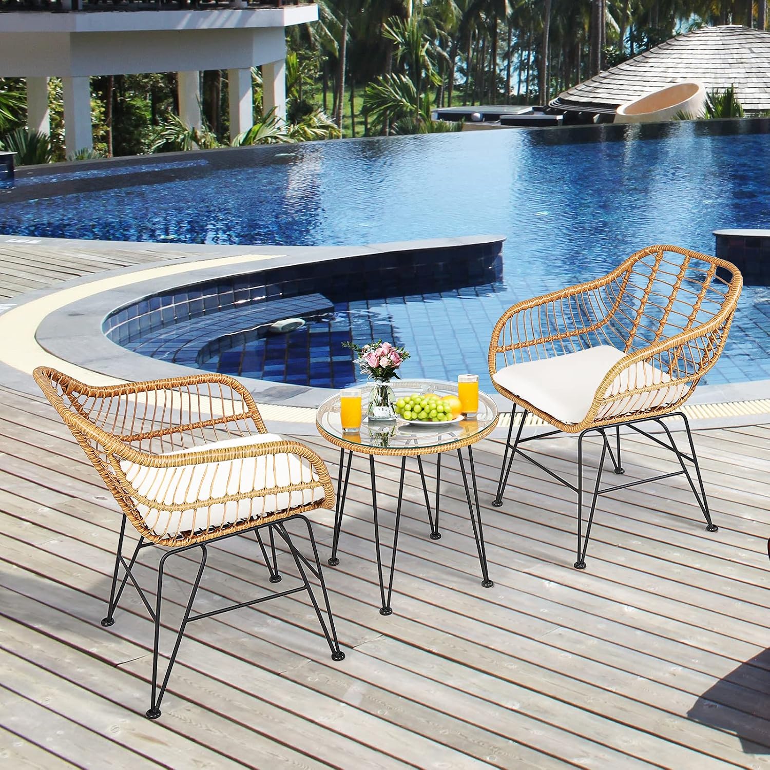 Tangkula 3 Pieces Patio Bistro Set, Rattan Conversation Set with 2 Cushioned Armchairs & Round Glass Coffee Table, Indoor Outdoor Wicker Furniture Set for Balcony, Backyard, Garden, Poolside