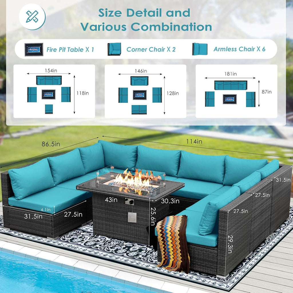 BULEXYARD 9 Pieces Highback Wicker Patio Furniture Set with Firepit, High Weight Capacity Outdoor Sectional Couch Sofa 8-Seater Modular, Plus Comfortable Wide Deep Deck Seating Group, Grey & Turquoise