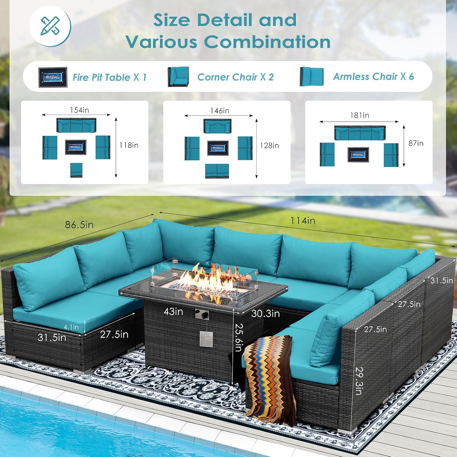 BULEXYARD 9 Pieces Highback Wicker Patio Furniture Set with Firepit, High Weight Capacity Outdoor Sectional Couch Sofa 8-Seater Modular, Plus Comfortable Wide Deep Deck Seating Group, Grey & Turquoise