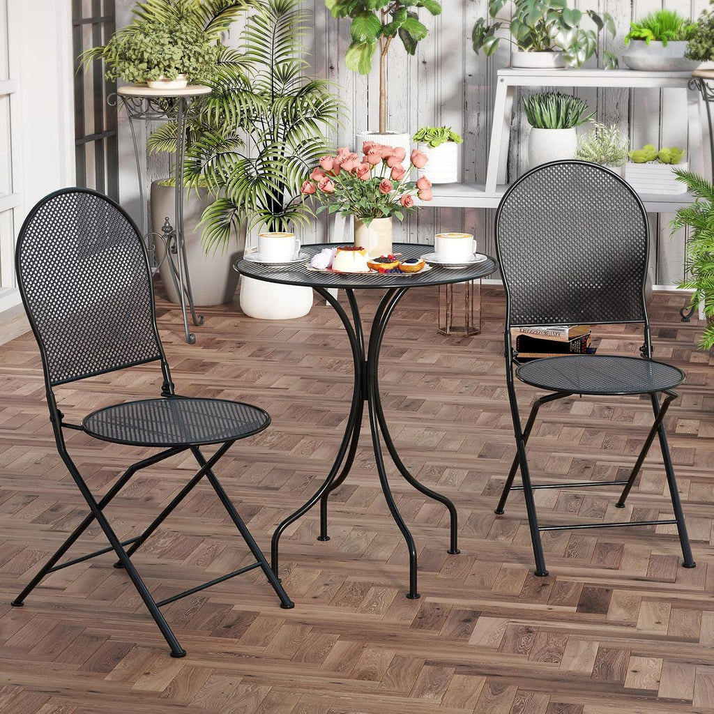 Tangkula 3 Pieces Patio Bistro Set, Metal Table and Folding Chair Set for 2, Outdoor Garden Furniture Set with Round Table & 2 Folding Chairs, Indoor Outdoor Bistro Set for Garden, Yard, Porch
