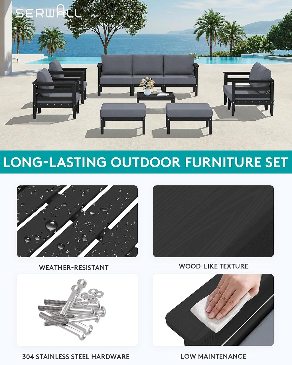 SERWALL HDPE Patio Furniture Set, 2 Pieces Outdoor Sectional Sofa Set, All-Weather Wood-Like Outdoor Sofa Couch with Coffee Table for Deck, Lawn, Black Frame with Grey Cushion