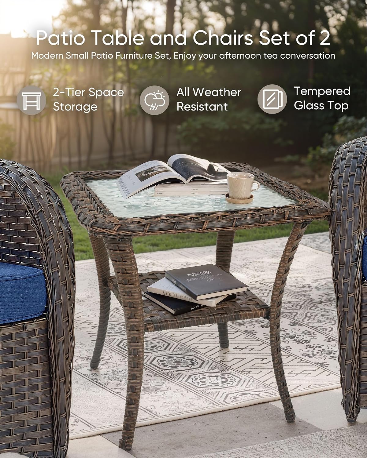 HUMMUH Outdoor Swivel Chairs,3 Pieces Patio Furniture Set with 360 Degree Wicker Swivel Rocking Chairs and Side Table for Garden,Porch,Backyard (Brown/Blue)
