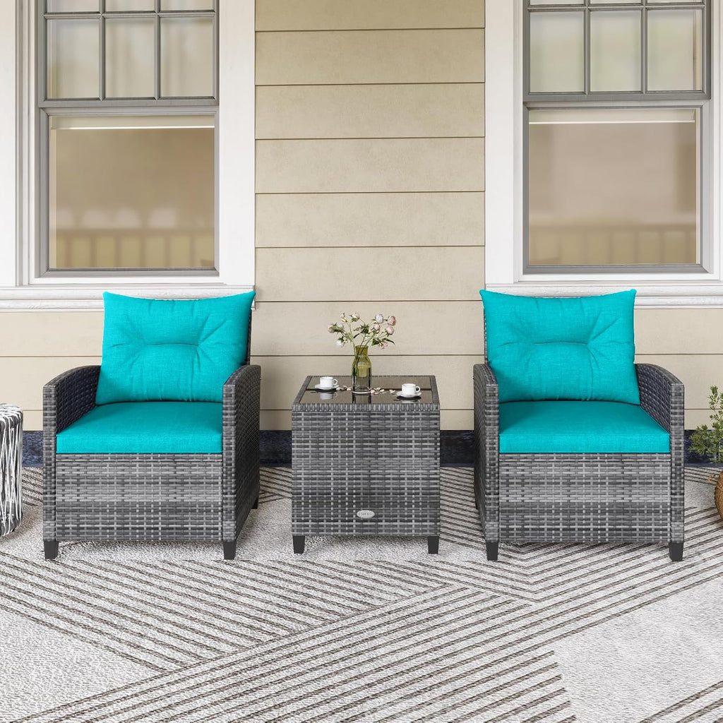 KOTEK 3 Piece Patio Furniture Set, Outdoor PE Rattan Conversation Set with Washable Cushions & Tempered Glass Tabletop, Wicker Chairs and Table Set for Porch, Garden, Balcony (Turquoise)