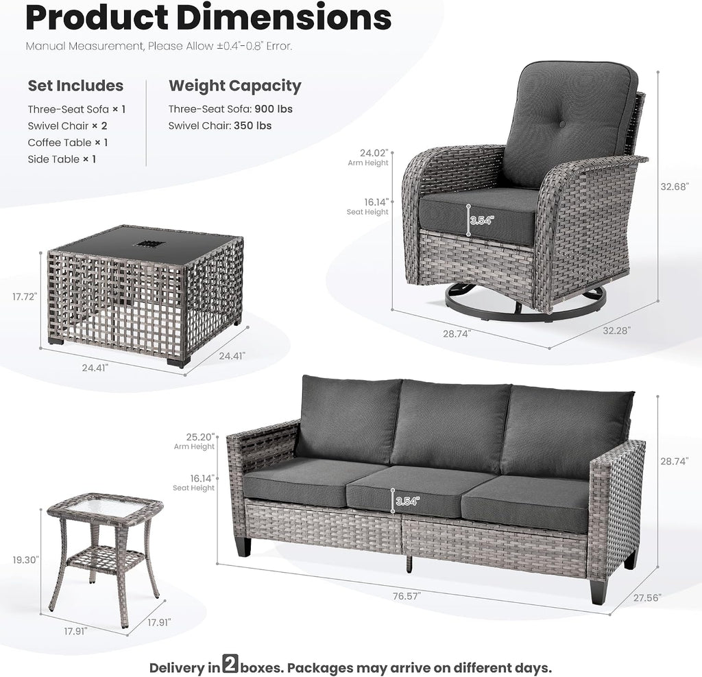 ovios 5 Pieces Patio Furniture Set, Outdoor Wicker Sofa Couch with Rocking Swivel Chairs Solar Lights Table, Modern Deep Seat Rattan Conversation Sets for Deck Porch, Black